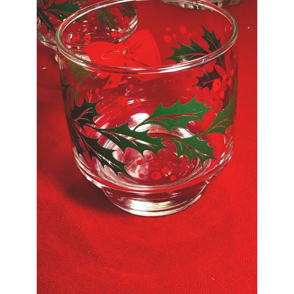 Set of 5 Vintage Libbey Holly & Berries Double Old Fashioned Rock Glasses